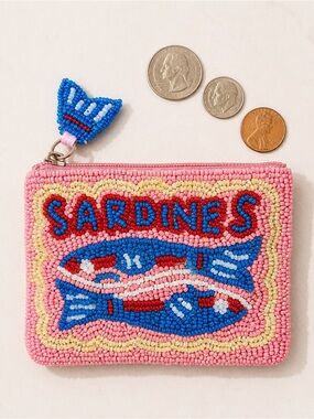 Cost Plus World Market Beaded 'Sardines' Pink Blue Yellow Pouch
